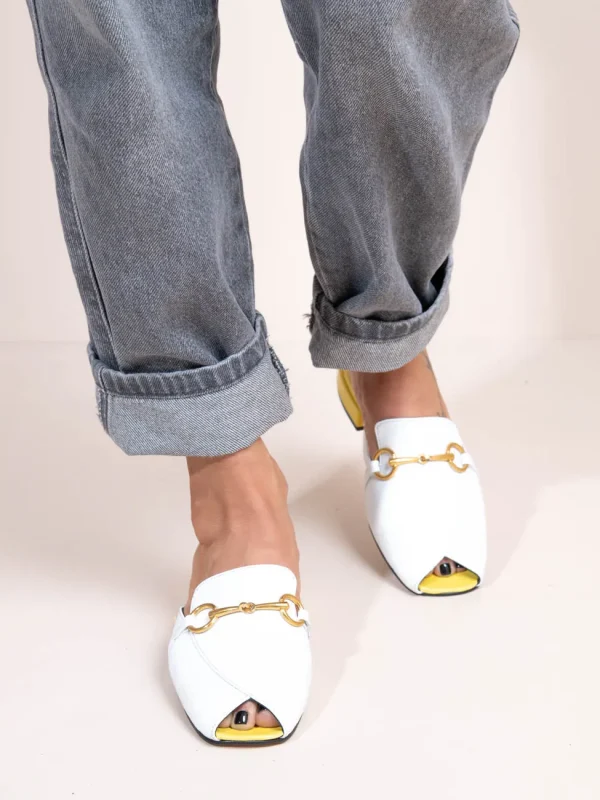 Colomb - Γυναικεία Δερμάτινα Mules Flat Λευκό-Κίτρινο - Image 1