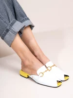 Colomb - Γυναικεία Δερμάτινα Mules Flat Λευκό-Κίτρινο - Image 2