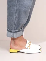 Colomb - Γυναικεία Δερμάτινα Mules Flat Λευκό-Κίτρινο - Image 3