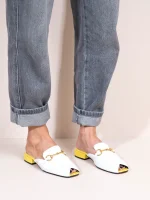 Colomb - Γυναικεία Δερμάτινα Mules Flat Λευκό-Κίτρινο - Image 4