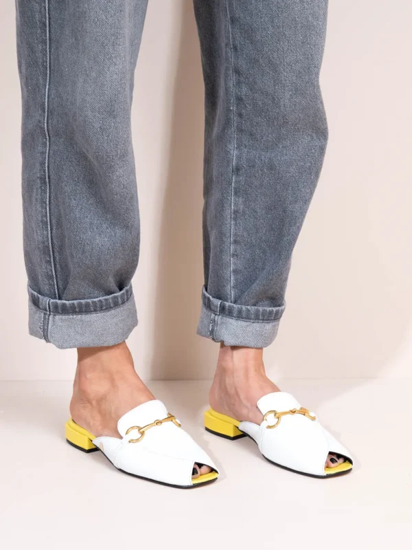Colomb - Γυναικεία Δερμάτινα Mules Flat Λευκό-Κίτρινο - Image 4