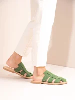 Double Vert Γυναικεία Δερμάτινα Mules Flat Πράσινα