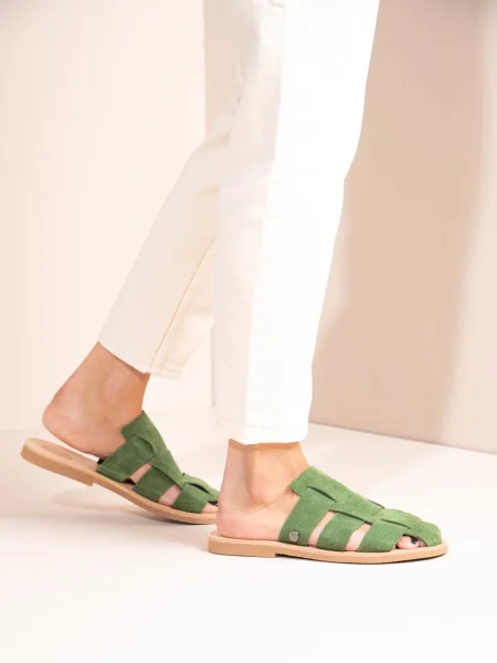 Double Vert Γυναικεία Δερμάτινα Mules Flat Πράσινα