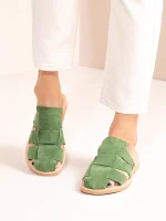 Double Vert Γυναικεία Δερμάτινα Mules Flat Πράσινα - Image 2