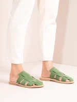 Double Vert Γυναικεία Δερμάτινα Mules Flat Πράσινα - Image 3