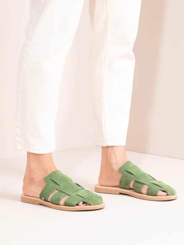 Double Vert Γυναικεία Δερμάτινα Mules Flat Πράσινα - Image 3