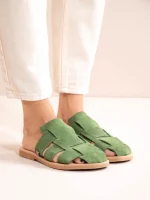 Double Vert Γυναικεία Δερμάτινα Mules Flat Πράσινα - Image 4