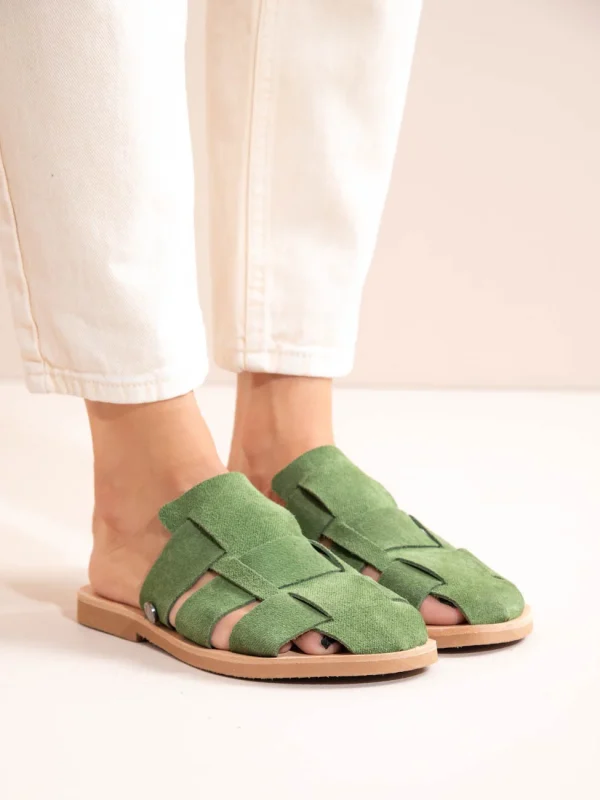 Double Vert Γυναικεία Δερμάτινα Mules Flat Πράσινα - Image 4