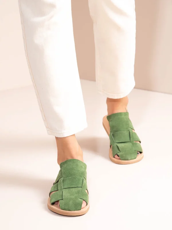 Double Vert Γυναικεία Δερμάτινα Mules Flat Πράσινα - Image 5