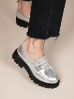 Flaneurs Dargent Γυναικεία Δερμάτινα Loafers Ασημί - Image 3