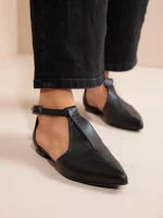 Cheville Noir Γυναικείες Δερμάτινες Μπαλαρίνες Μυτερές Μαύρες