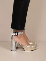 Emily Metal Γυναικείες Δερμάτινες Γόβες Με Φιάπα Ασημί/Χρυσό - Image 2