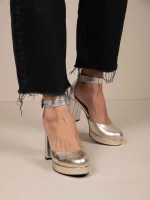 Emily Metal Γυναικείες Δερμάτινες Γόβες Με Φιάπα Ασημί/Χρυσό - Image 3