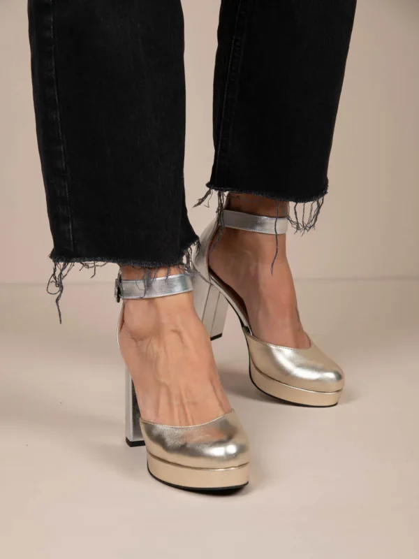 Emily Metal Γυναικείες Δερμάτινες Γόβες Με Φιάπα Ασημί/Χρυσό - Image 3