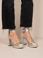 Emily Metal Γυναικείες Δερμάτινες Γόβες Με Φιάπα Ασημί/Χρυσό - Image 7