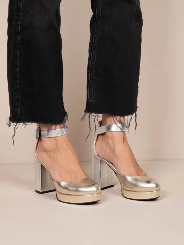 Emily Metal Γυναικείες Δερμάτινες Γόβες Με Φιάπα Ασημί/Χρυσό - Image 7