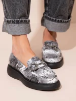 Flaneurs Snake Γυναικεία Δερμάτινα Loafers Γκρι/Λευκό/Μαύρο