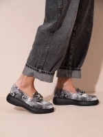 Flaneurs Snake Γυναικεία Δερμάτινα Loafers Γκρι/Λευκό/Μαύρο - Image 5