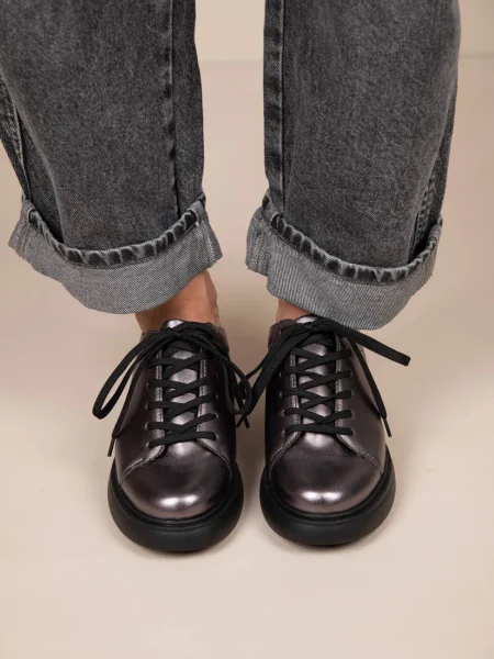 L'aise Γυναικεία Δερμάτινα Sneakers Γκρι Μεταλλικό