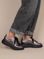 L'aise Γυναικεία Δερμάτινα Sneakers Γκρι Μεταλλικό - Image 4