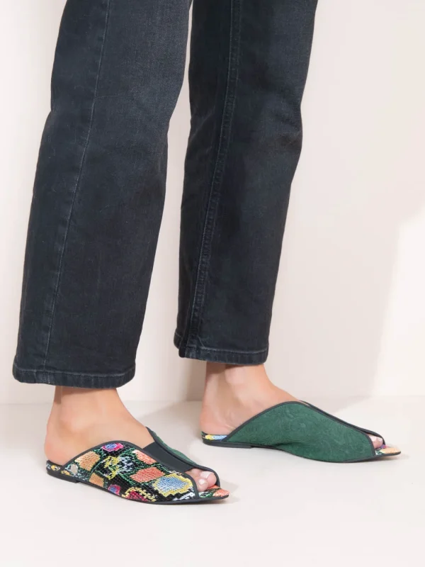 Cap Multi, Δερμάτινα Mules πολύχρωμα με snake print - Image 5