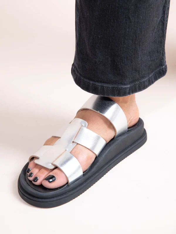 Anne Soft Dargent Γυναικεία Δερμάτινα Flatforms Ασημί - Image 5