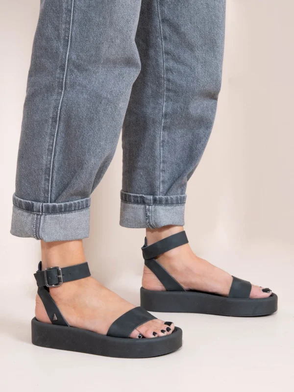 Caree Gris  Γυναικεία Δερμάτινα Flatforms Μαύρα - Image 2