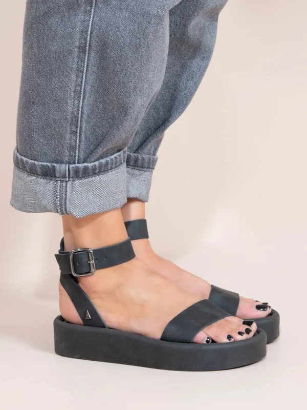 Caree Gris  Γυναικεία Δερμάτινα Flatforms Μαύρα - Image 3
