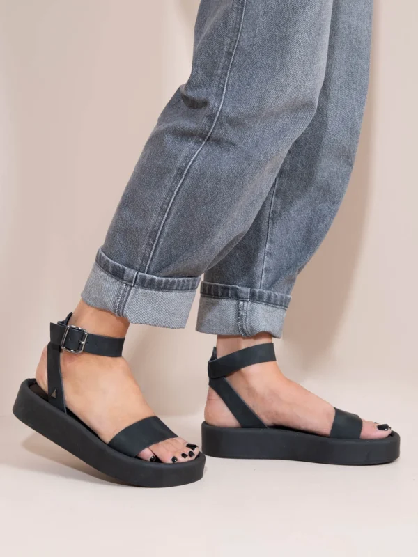 Caree Gris  Γυναικεία Δερμάτινα Flatforms Μαύρα - Image 4