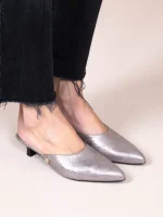 Denise Metal Γυναικεία Δερμάτινα Mules Με Τακούνι Γκρι Μεταλλικό - Image 2