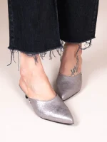 Denise Metal Γυναικεία Δερμάτινα Mules Με Τακούνι Γκρι Μεταλλικό - Image 3