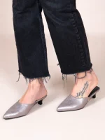 Denise Metal Γυναικεία Δερμάτινα Mules Με Τακούνι Γκρι Μεταλλικό - Image 5