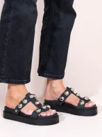 Deux Nu Dargent Γυναικεία Δερμάτινα Flatforms Μαύρα Με Τρουκς - Image 3