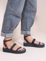 Deux Ponts Eleve Gris Γυναικεία Δερμάτινα Flatforms Μαύρα - Image 5