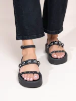 Deux Ponts Metal Γυναικεία Δερμάτινα Flatforms Μαύρα Με Τρουκς