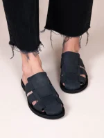 Double Γυναικεία Δερμάτινα Mules Μαύρα