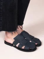 Double Γυναικεία Δερμάτινα Mules Μαύρα - Image 4