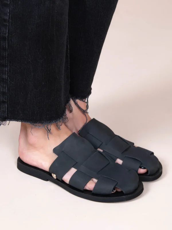 Double Γυναικεία Δερμάτινα Mules Μαύρα - Image 4