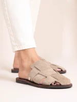 Double Beige  Γυναικεία Δερμάτινα Mules Flat Μπεζ