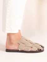 Double Beige  Γυναικεία Δερμάτινα Mules Flat Μπεζ - Image 2
