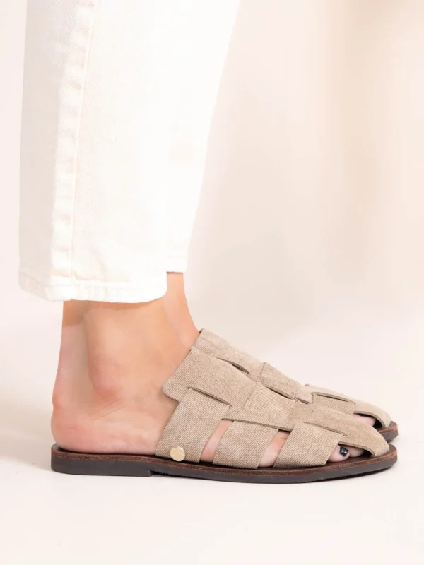 Double Beige  Γυναικεία Δερμάτινα Mules Flat Μπεζ - Image 2