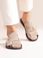 Double Beige  Γυναικεία Δερμάτινα Mules Flat Μπεζ - Image 3