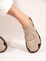 Double Beige  Γυναικεία Δερμάτινα Mules Flat Μπεζ - Image 4
