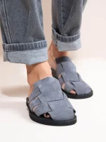Double Gray Γυναικεία Δερμάτινα Mules Flat Γκρι/Μπλε