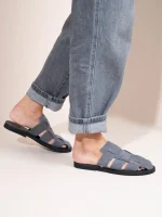 Double Gray Γυναικεία Δερμάτινα Mules Flat Γκρι/Μπλε - Image 2