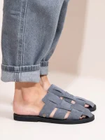 Double Gray Γυναικεία Δερμάτινα Mules Flat Γκρι/Μπλε - Image 3