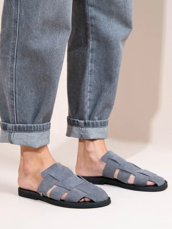 Double Gray Γυναικεία Δερμάτινα Mules Flat Γκρι/Μπλε - Image 4