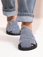 Double Gray Γυναικεία Δερμάτινα Mules Flat Γκρι/Μπλε - Image 5