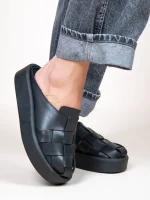 Double Tricot Γυναικεία Δερμάτινα Mules Μαύρα