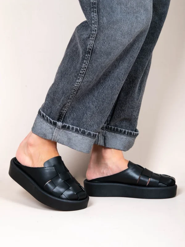 Double Tricot Γυναικεία Δερμάτινα Mules Μαύρα - Image 4